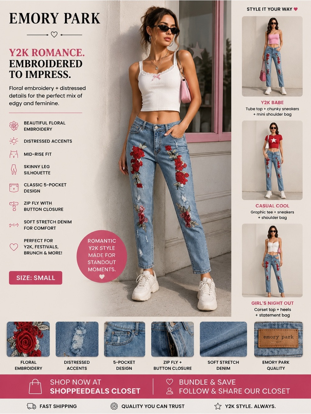 Emory Park Floral Embroidered Distressed Jeans